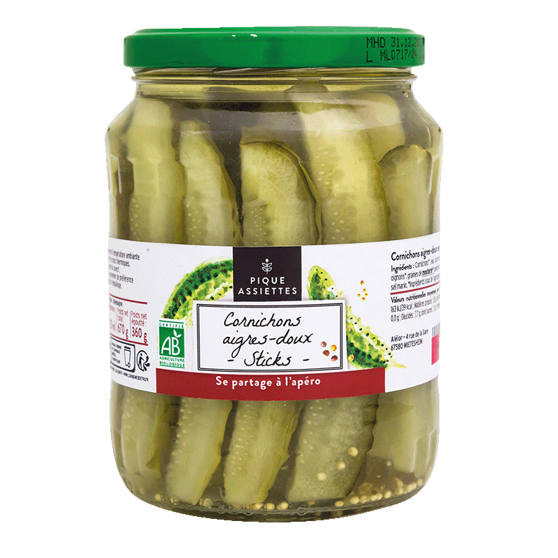 Pique Assiettes -- Cornichons aigres-doux en sticks bio - 360 g